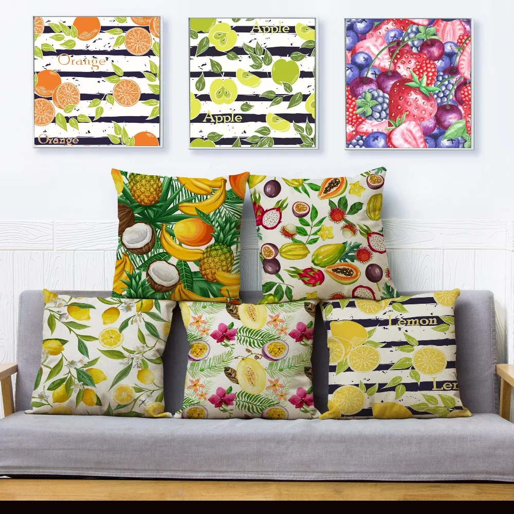 

Cartoon Fruit Lemon Pineapple Print Pillow Cover 45*45cm Square Cushion Covers Linen Pillows Cases Sofa Home Decor Pillow Case