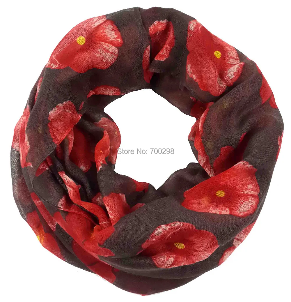 Женский шарф-петля с красным маком и цветочным принтом |