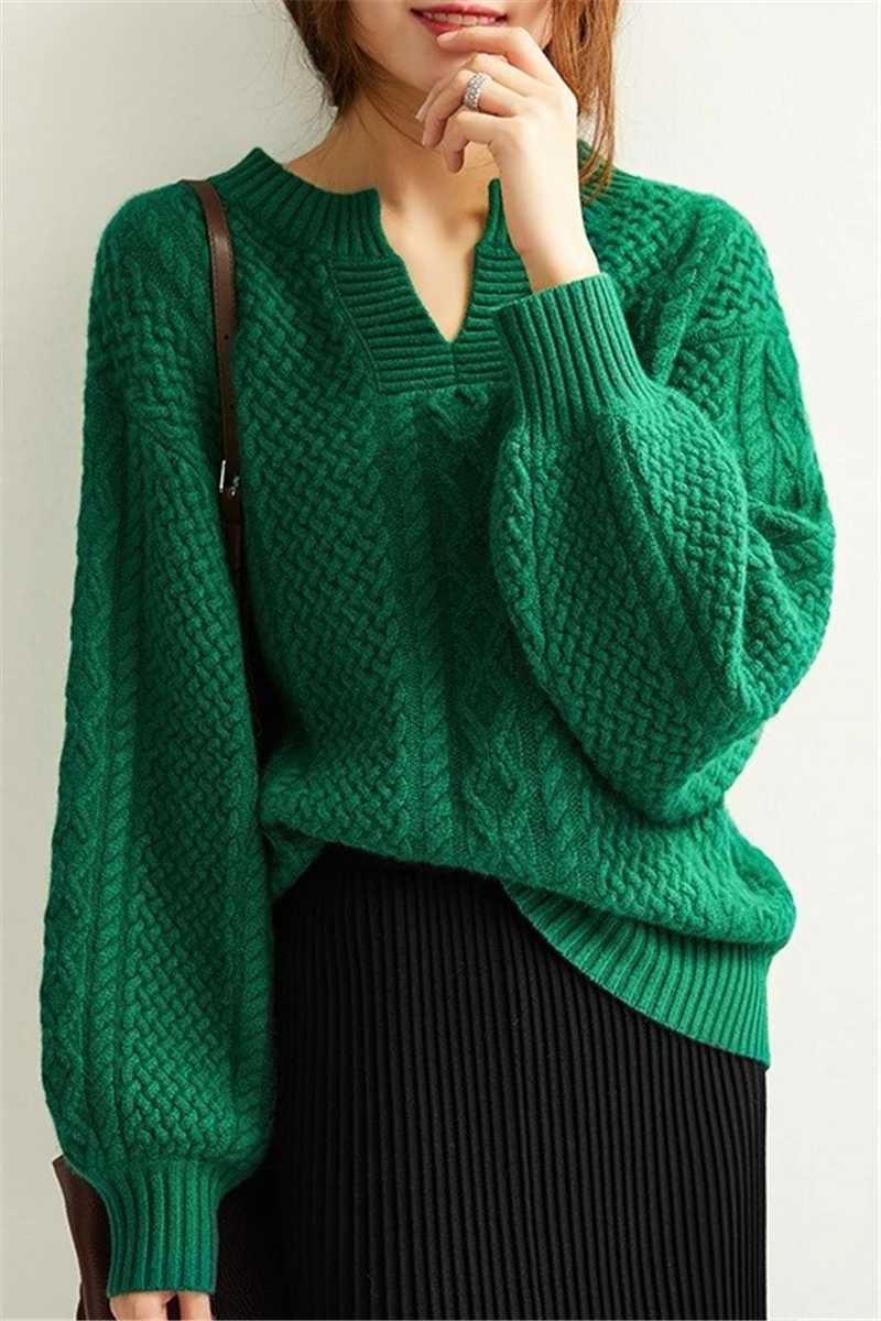 100%goat cashmere thick knit women vintage style Vneck pullover sweater H-straight wide loose lantern sleeve XS-L | Женская одежда