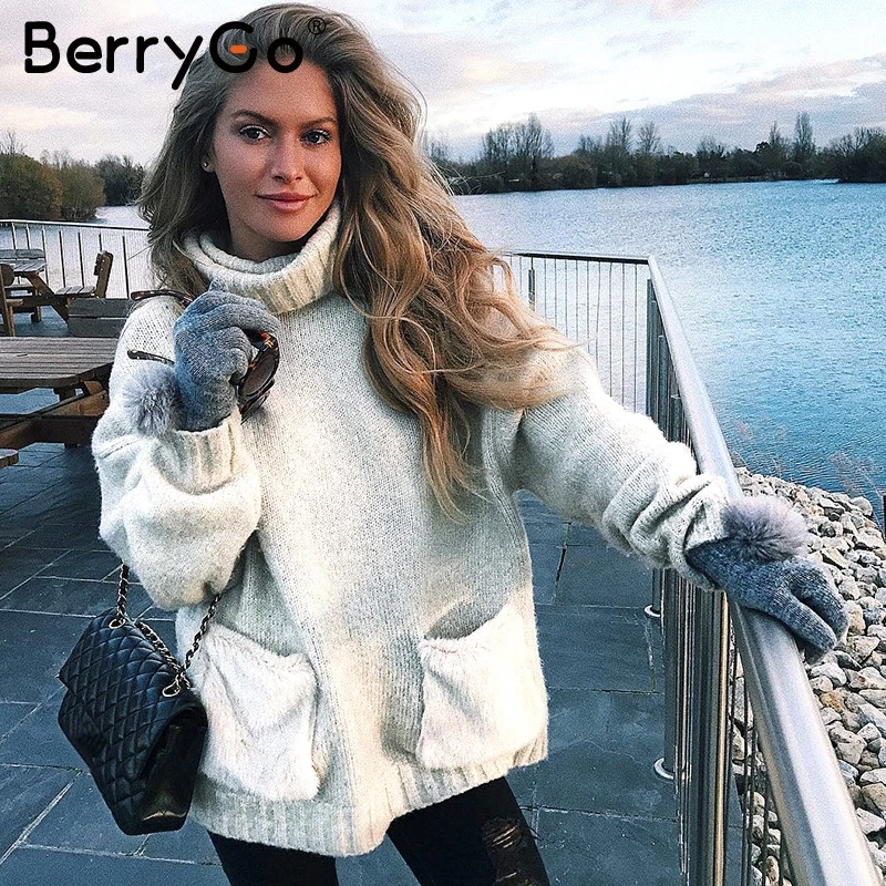BerryGo винтажное теплое платье свитер с высоким воротом женское лоскутное вязаное