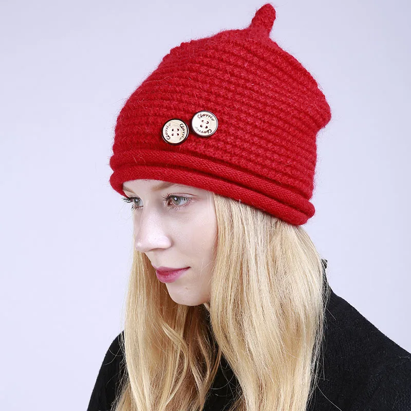 

new fashion Plus velvet hat wpmen autumn and winter new solid color knitting 2 wooden buttons fashion warm head hats ladies hat