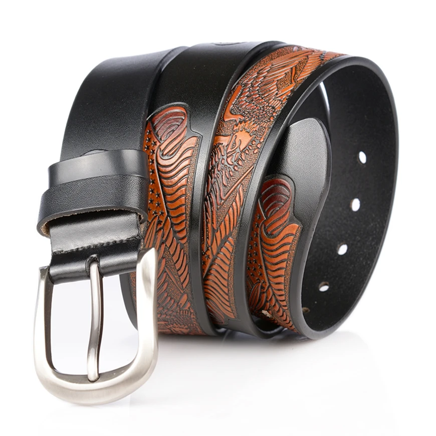 Ремень мужской из натуральной кожи винтажный ковбойский пояс с прессованным