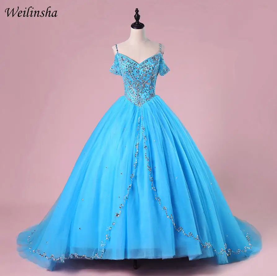 Weilinsha Мода Тюль бальные платья сладкий 15 Quinceanera платье с открытыми плечами и Карамельный цвет класса «Люкс», Vestidos De Quinceanera - Цвет: Синий