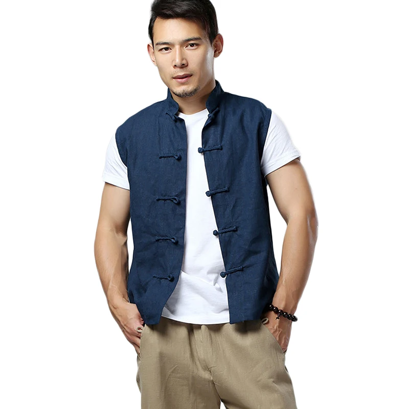 LZJN Men's Summer Waistcoat Chinese Style Vintage Breathable Linen Button Down Kung Fu Shirt Sleeveless Vest Jacket