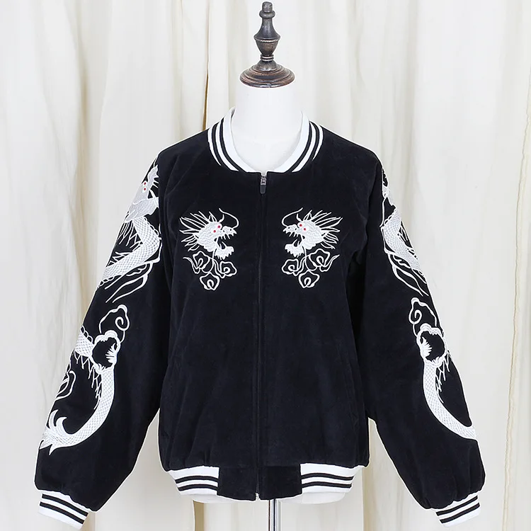 Hot Japanese Harajuku YOKOSUKA Feel Dragon Embroidery Cool Jacket Long Sleeve Baseball Casual Outwear High Quality Black &amp Blue | Женская
