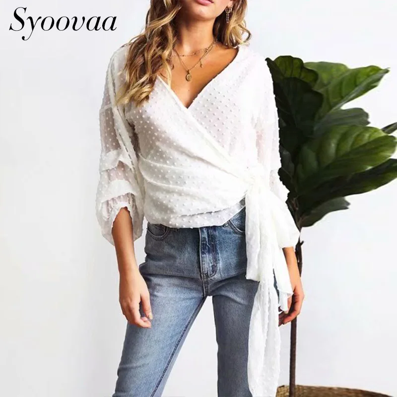 Syoovaa горошек обертывания Для женщин блузка 2018 на шнуровке рубашка с длинным