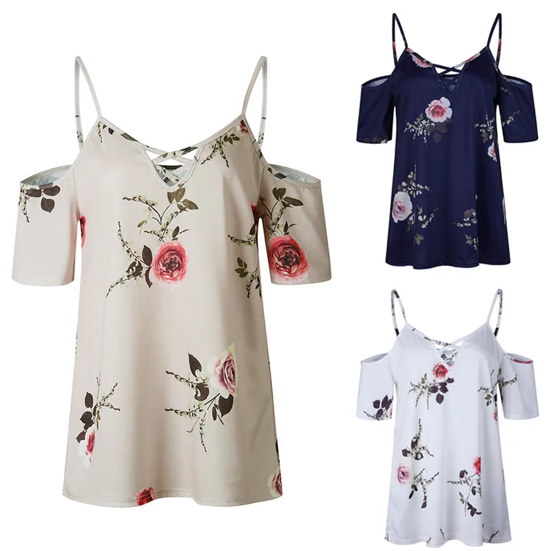 Женская футболка с открытыми плечами цветочным принтом|Топы| |