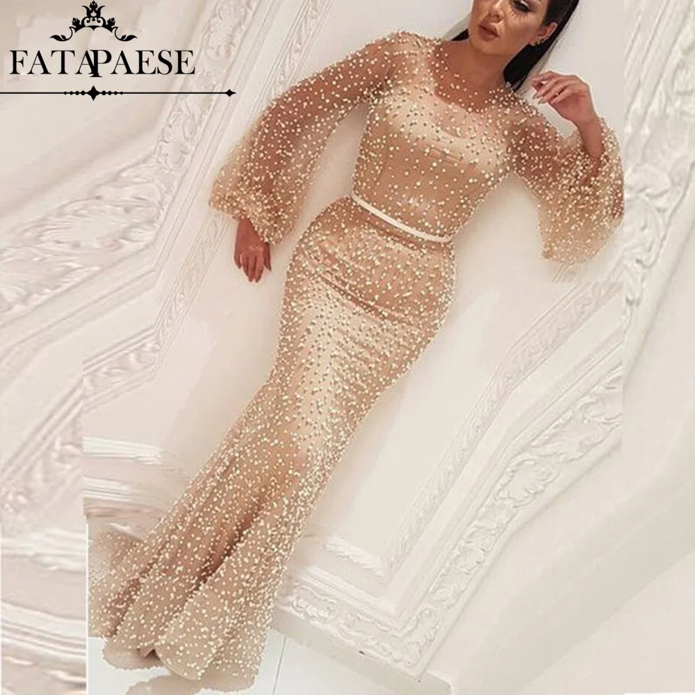 

Luxury Muslim Long Sleeve O Neck Pearls Evening Dresses 2019 Floor Length Mermaid Arabic Dubai Evening Gowns For Women