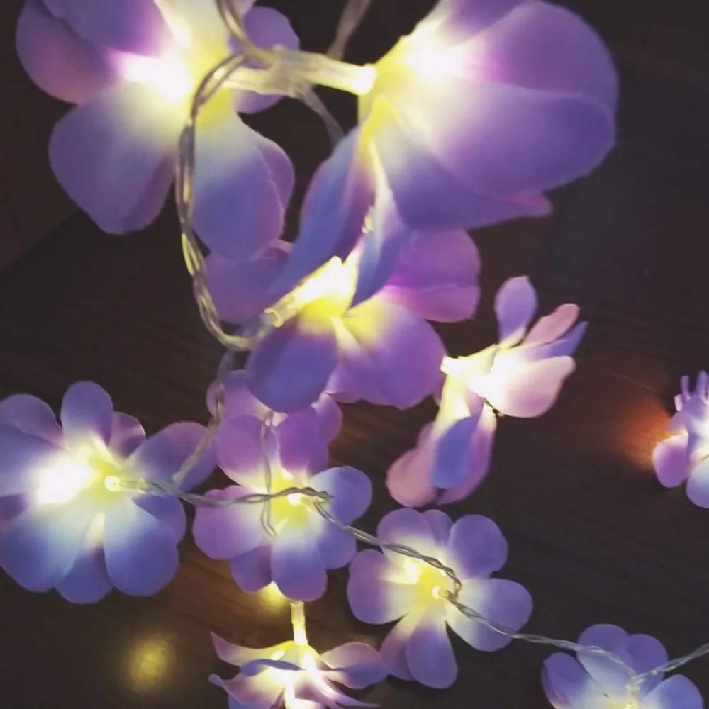 Белый фиолетовый ткань frangipani с цветочным рисунком для свадебных торжеств светодиодный индикатор заряда батареи, Плюмерия, гирлянда, вечерние, Рождество, в спальню 1/2/3/4 м