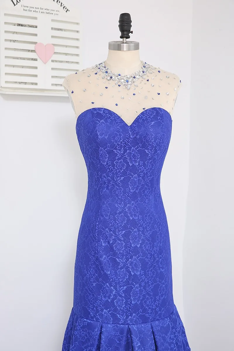 Новинка ярко-синие вечерние платья с рукавами-крылышками русалки кружевное