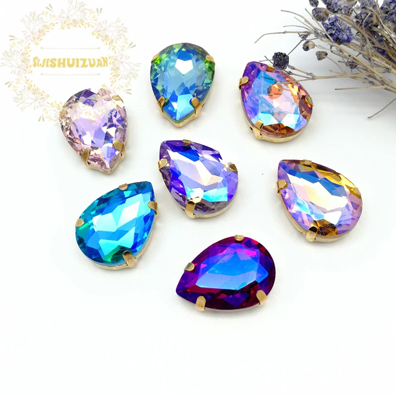 Хит продаж розовый цвет AB капли воды Хрустальное стекло пришитые Стразы с