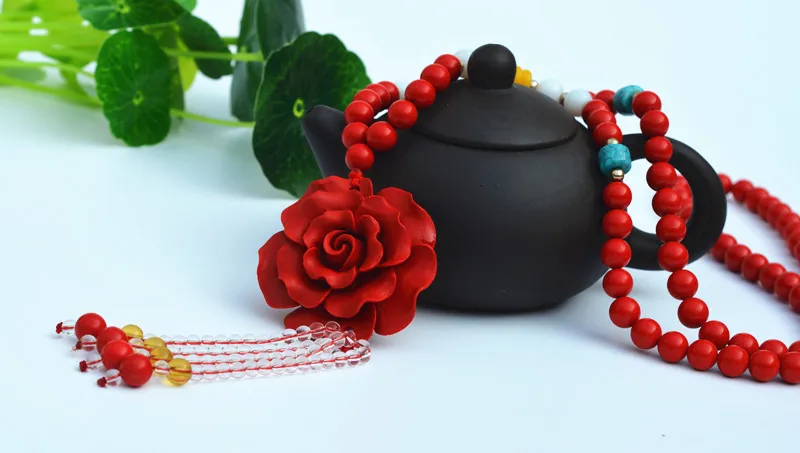 Цепочка с подвеской в виде красного циннабара круглые бусины резной кулон цветка