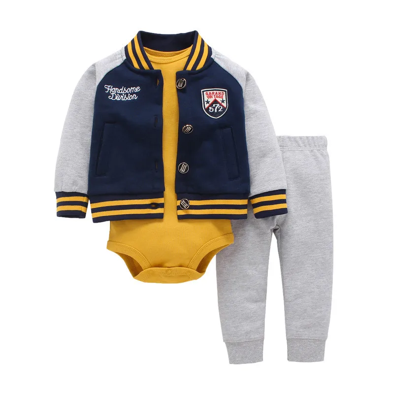 

2018 New 3pcs Cardigan Set Long Sleeve Coat Vest Bodysuit pants Baby Boy Clothing Set Infant Kids Clothes of Winter and Spring