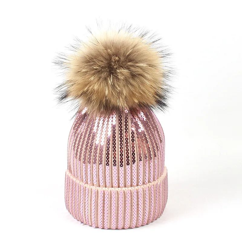 Женская вязаная шапка из натурального меха женская кепка с блестками зимняя