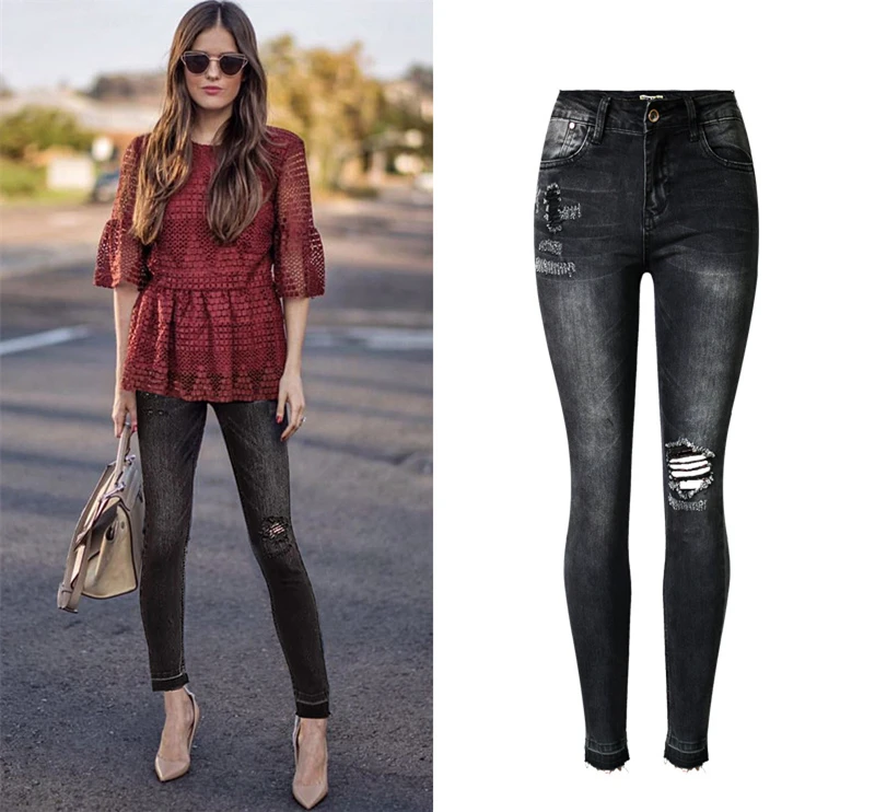 Spring Hole Skinny Casual Pencil Pnats GreyBlack XXL Femme Jeans Vintage Pleated Srcatched Ripped High Waist Zipper Trouser |
