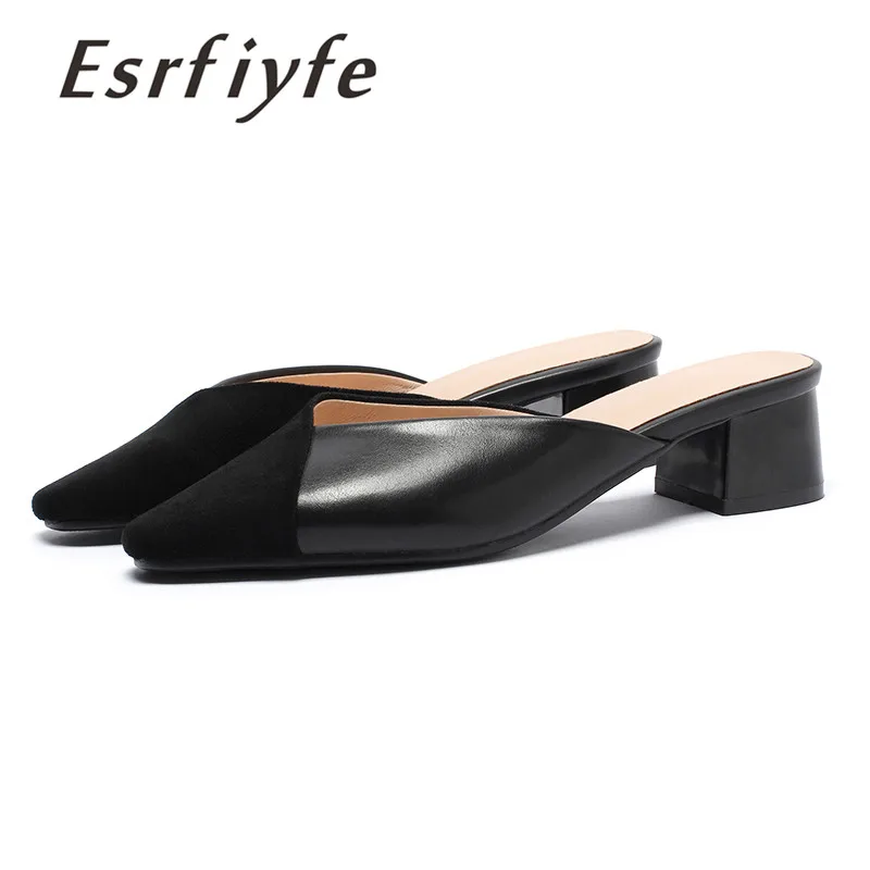 ESRFIYFE/Новинка года; женская летняя повседневная пикантная стильная обувь; модные туфли без задника с закрытым носком на толстом массивном каблуке из искусственной кожи - Цвет: Черный