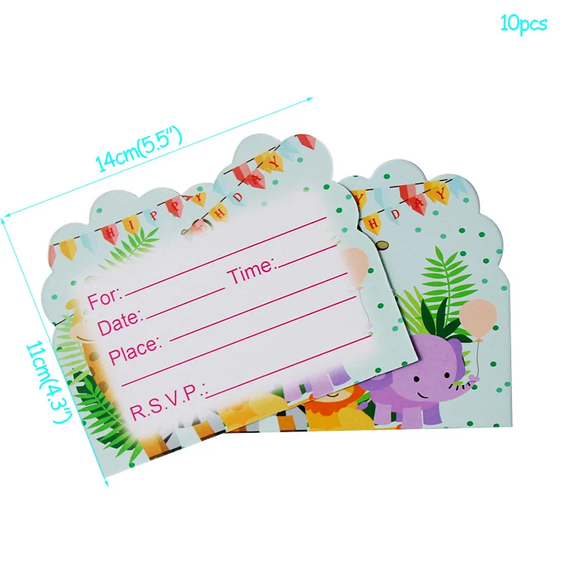 10pcs invite card Джунгли вечерние одноразовые столовые приборы для вечеринок Лев скатерть стол Декор тарелки чашки Счастливый 1-й День Рождения украшения Дети Мальчики - Цвет: 10pcs invite card