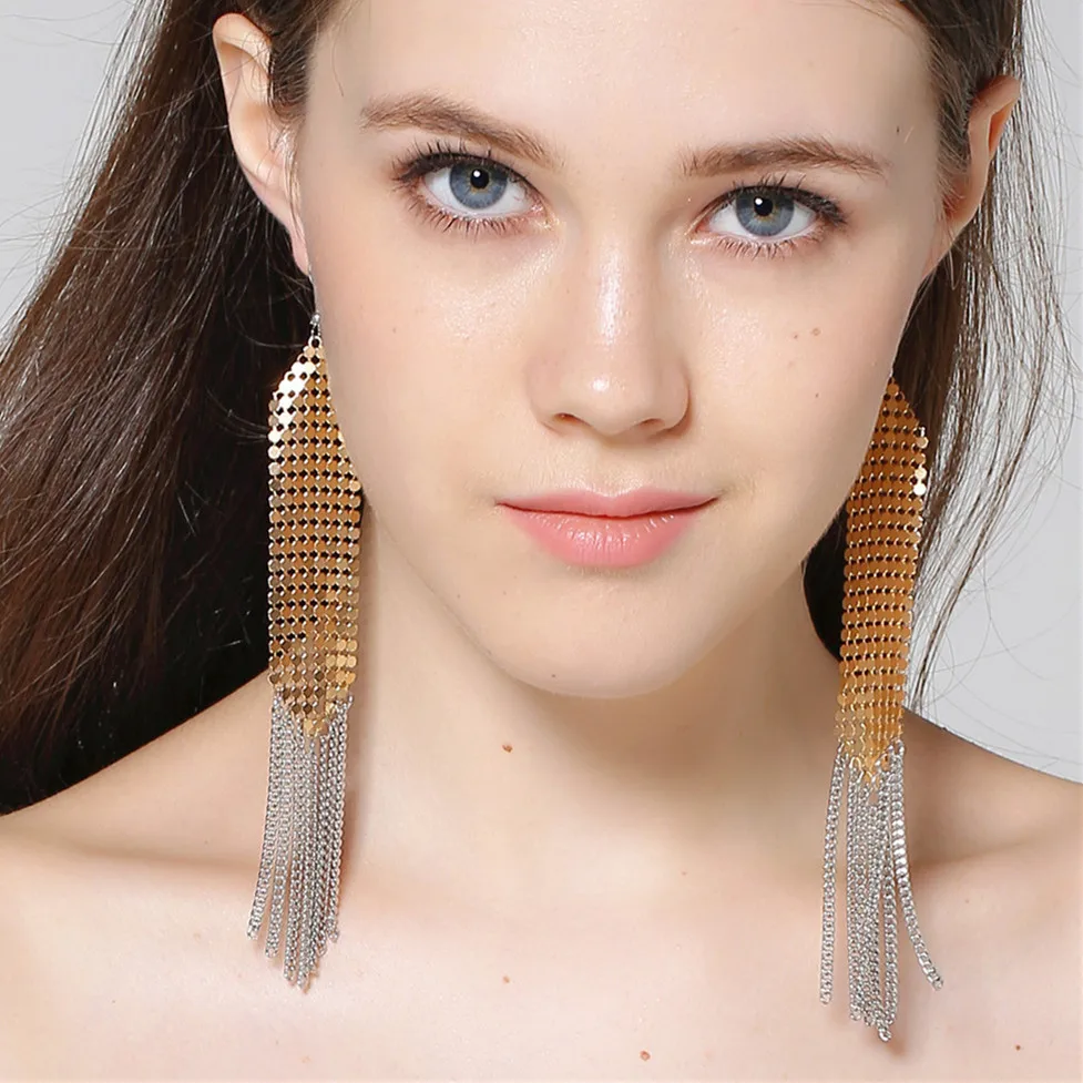 Элегантный Для женщин длинной кисточкой Серьги висит Цепи бахрома Блёстки