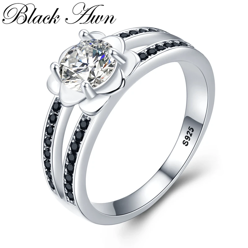

Black Awn 2022 New Fower Silver Color fashion jewelry Engagement Black Spinel Round Engagement Ring for Women G092