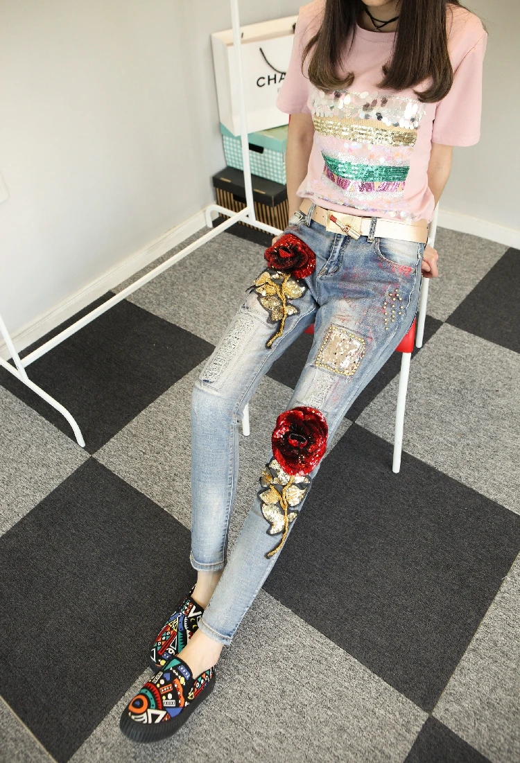 3D розы и блестками джинсы Зауженные женские эластичные узкие брюки для девочек