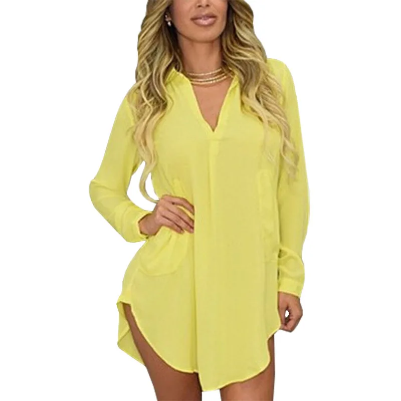 Женская длинная шифоновая блузка Асимметричная рубашка с V-образным вырезом