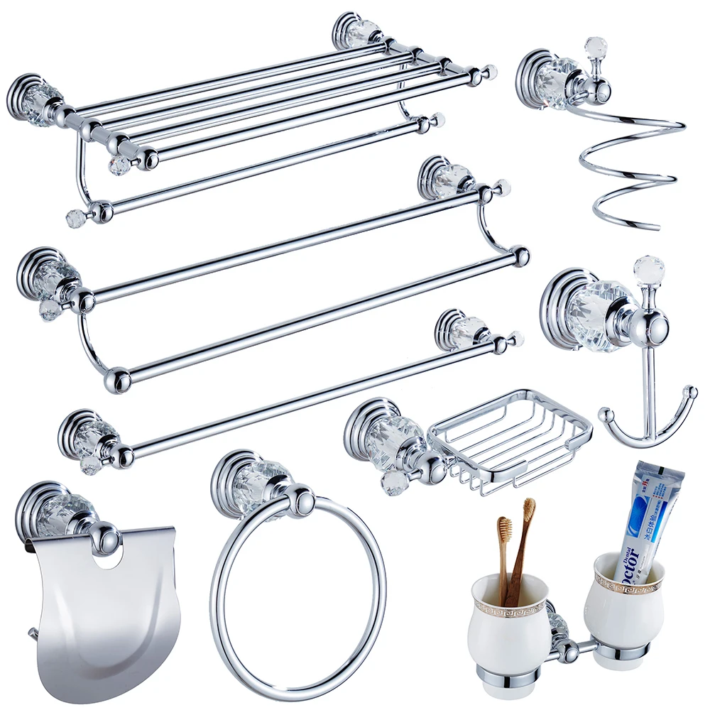 

Luxury Crystal Silver Bathroom Accessories Set Chrome Polished Brass Bath Hardware Set Wall Mounted Bathroom Products TS1102