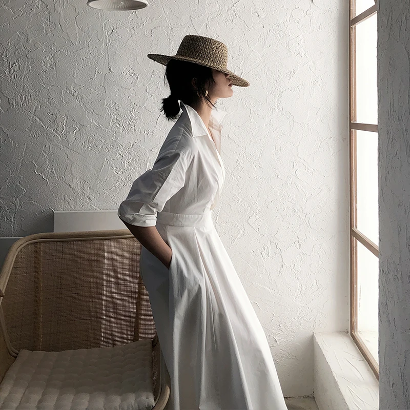 GETSRING женское платье темпераментное белое хлопок семь рукавов высокая талия