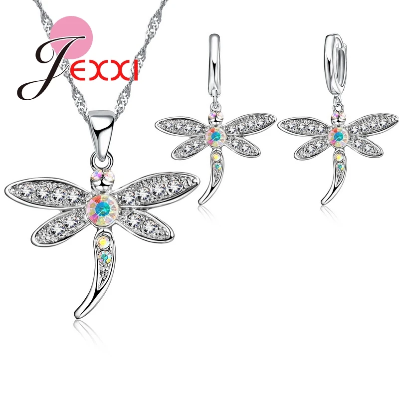 Shinning Cubic Zirconia 925 Sterling Silver Dragonfly Pendant Necklace Earrings Sets Bridal Dress Jewelry Bijoux Accessories
