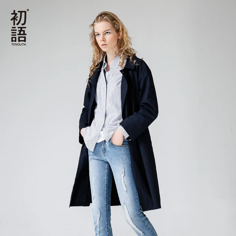 Toyouth 2019 Women Casual Button British Style Winter Long Outwear Navy Pocket Windbreaker Trench Coat With Waist Belt | Женская одежда