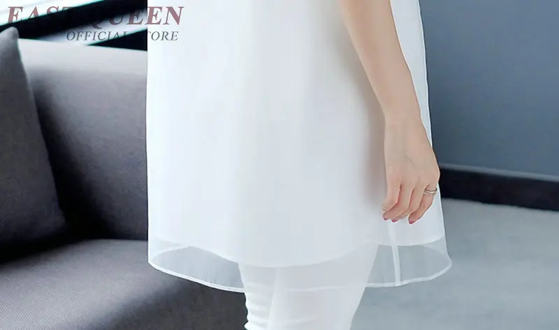 New Chiffon Blouse Embroidery White Shirts Stand Collar Short Sleeve Long Shirt Female Tunic Women Tops Summer TA1711
