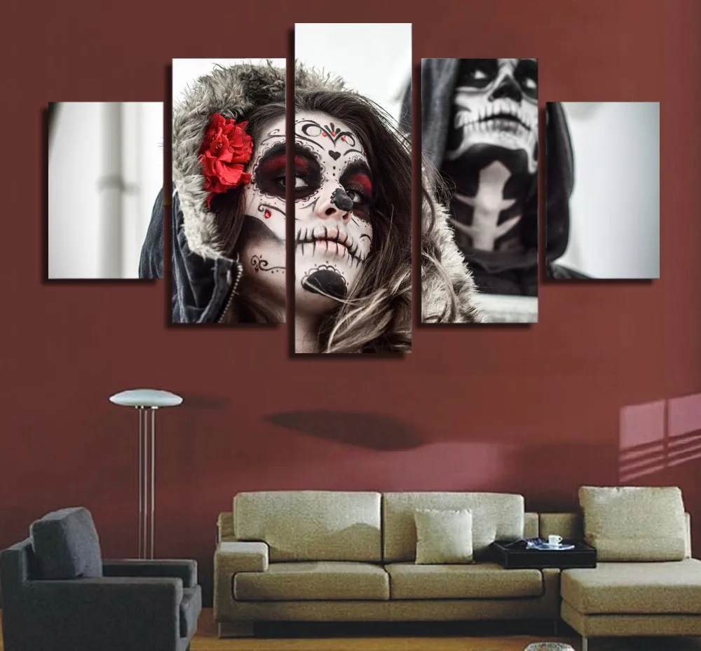 

5 Panel Day Of The Dead Skull Face Poster Modern Home Wall Decor Canvas Picture Art HD Print Painting On Canvas For Living Room