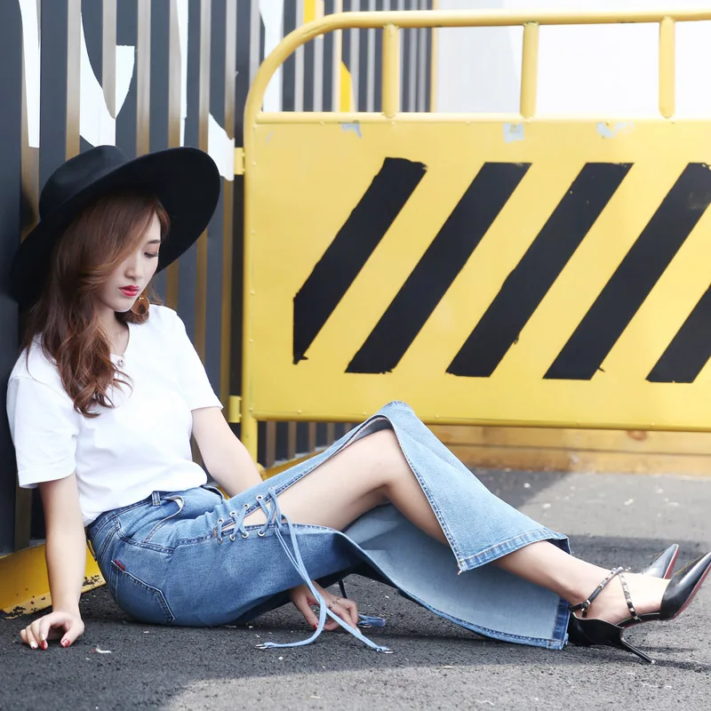 Джинсы Vetevidi с разрезом прямые джинсы высокой талией завязками в европейском и