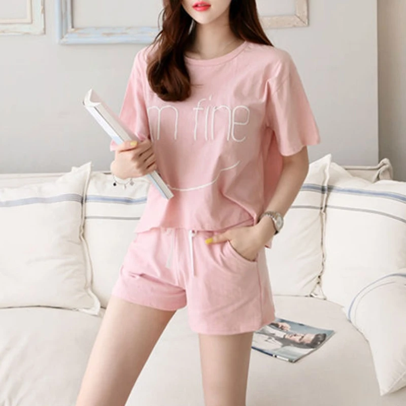 

Womens Letter Print Pajamas Set Short Sleeve Sleepwear Home Night Wear Cute Soft