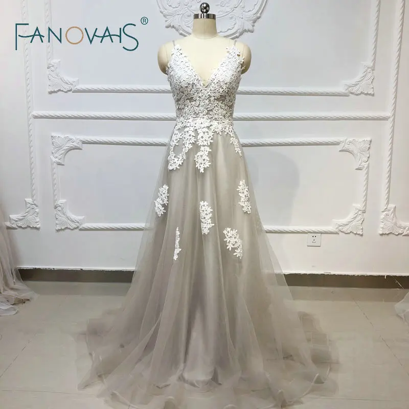 Серый Пляж Бохо Свадебное Платье 2019 Кружева Свадебные Платья Vestido De Novia Robe Mariee