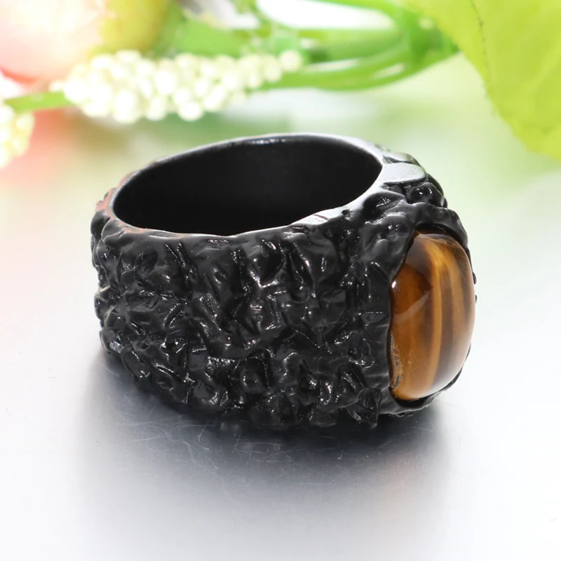 New black anti-black rock shape ring men's domineering personality fashion high quality jewelry crystal tiger eye stone wedding |