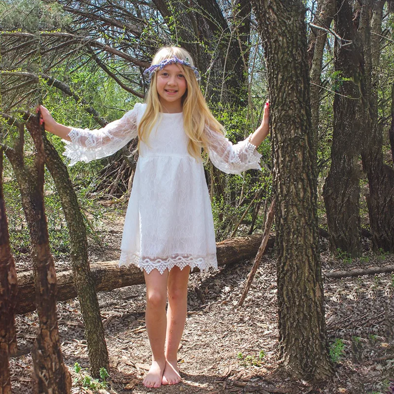Ins Kids Girls White Lace Wedding Dress Old Prom Loose Sleeve Summer Vestido for Teenagers | Детская одежда и обувь
