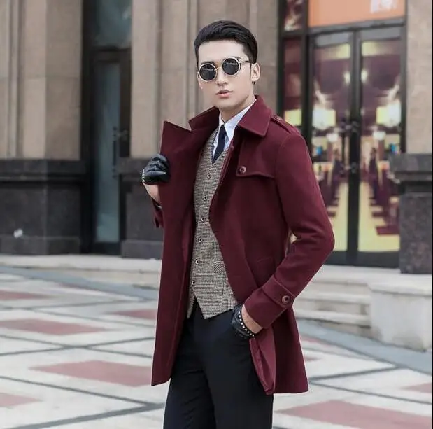 

Wine red medium-long wool coat men jackets and coats mens slim winter trench coats teenager outerwear fashion S - 9XL