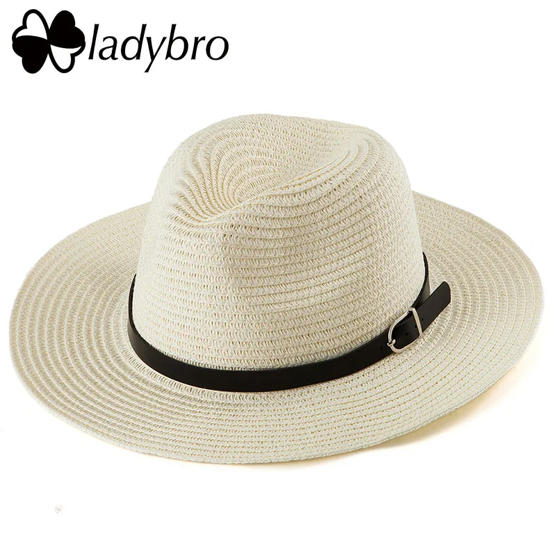 25801 Milky white Ladybro Летняя женская шляпа с широкими полями, пляжная шляпа от солнца, Панама, соломенная шляпа, мужская фетровая шляпа, солнцезащитный козырек, кепка для мужчин, Sombrero Chapeau Femme - Цвет: 25801 Milky white