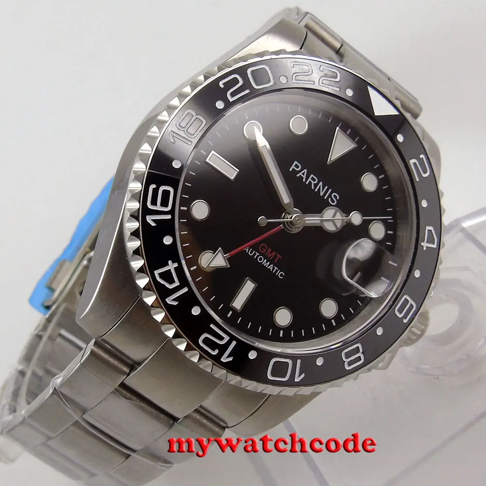 40 мм Parnis черный циферблат GMT сапфировое стекло Керамическая рамка автоматические