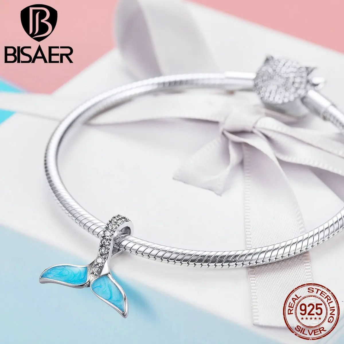 BISAER,, 925 пробы, серебро, хвост русалки, амулеты, синяя эмаль, бисер русалки, подходят для оригинальных браслетов, сделай сам, ювелирное изделие ECC1067