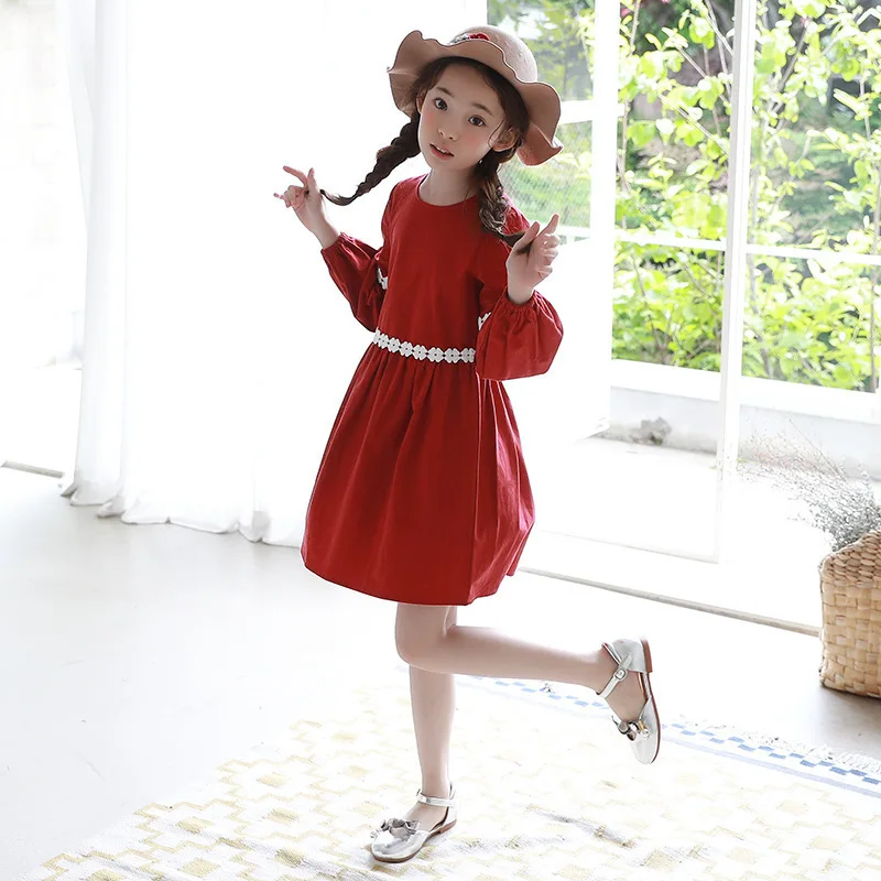 floral patchwork red lantern sleeve school new arrival girls dresses a line teen 14 12 10 8 6 4 children clothing | Детская одежда и