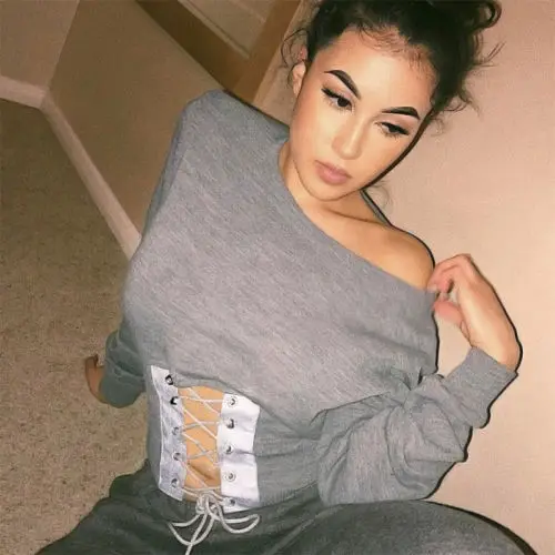 

hirigin Sexy Ladies Autumn Pullover Off Shoulder shirt Cropped Bandage Gray Round Neck Clothing Autumn Winter Fashion