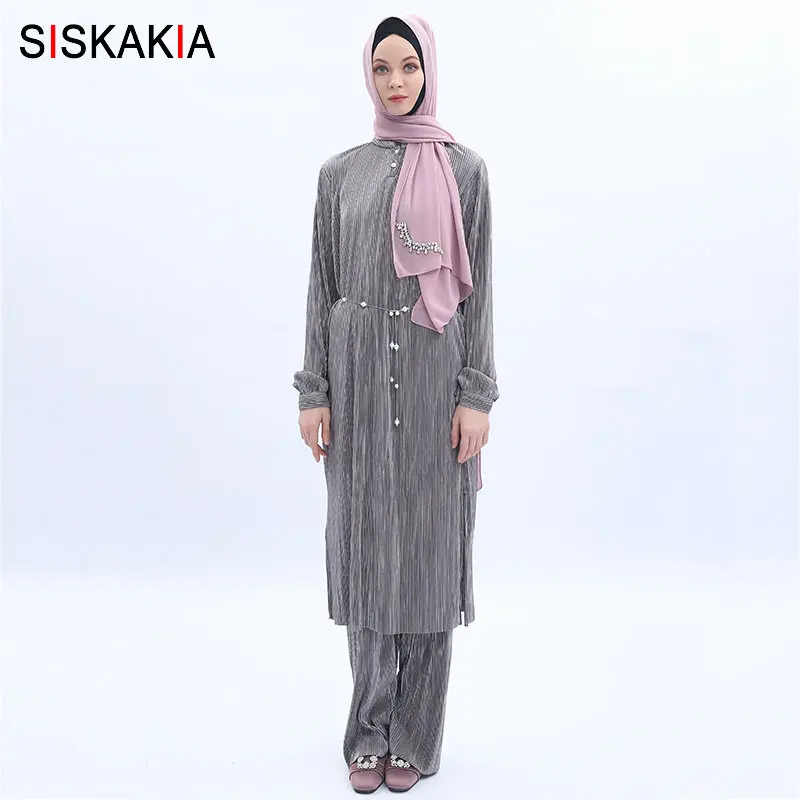 Gray set Siskakia/мусульманский комплект из двух предметов, малайзийский ислам, костюм, плиссированная Блузка+ длинные штаны, однотонный серый Baju Kurung, лето, новинка - Цвет: Gray set