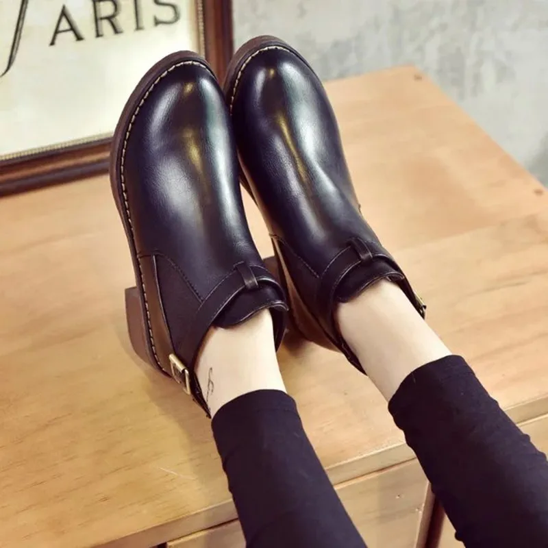 GOXPACER Winter Boots Women Solid Color Middle Heel Female Martin Buckle Strap Fashion Round Toe Ankle Patchwork All Match | Обувь