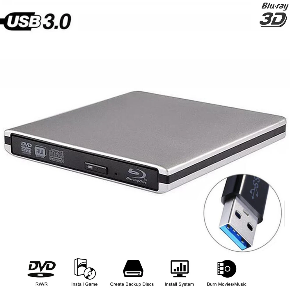 Aluminium Blu-Ray Drive Slim USB 3.0 Bluray Burner BD-RE CD/DVD RW Writer Play Blu-ray Disc For iMa Laptop PC WinXP/7/8/10