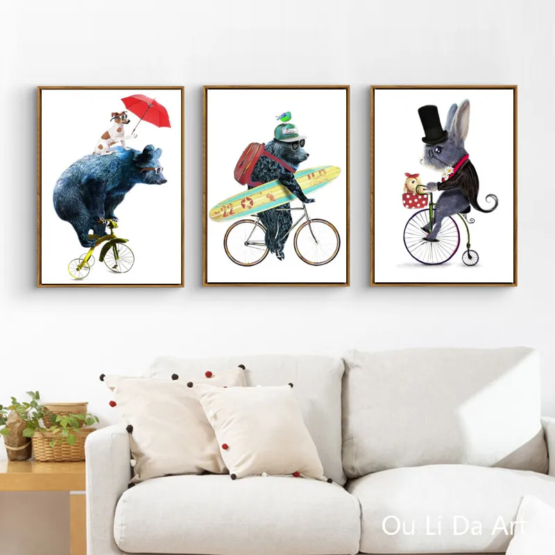 Без рамки мультфильм Животные медведь мышь ездить на велосипеде холст печать