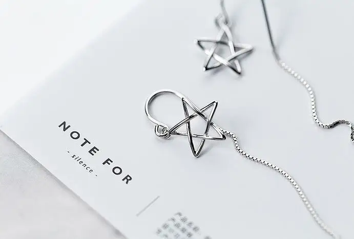 Real. 925 Sterling Silver jewelry Open Hollow Star Threader dangle Earrings long Handmade GTLE1527 | Украшения и аксессуары