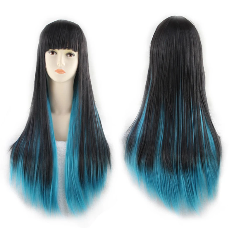 Длинный прямой черный красный парик омбре с челкой синтетические парики