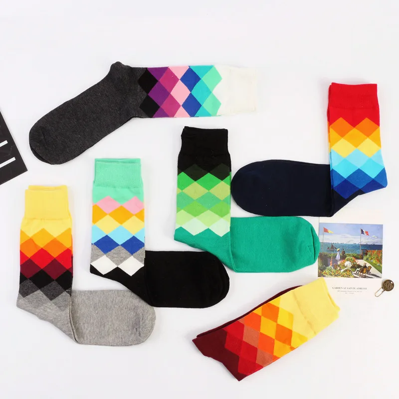 5 пара/лот унисекс счастливые носки женские хлопковые бриллианты ромбические