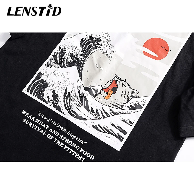 LENSTID мужские японские футболки с вышивкой Ukiyo волнистым принтом уличная одежда 2019